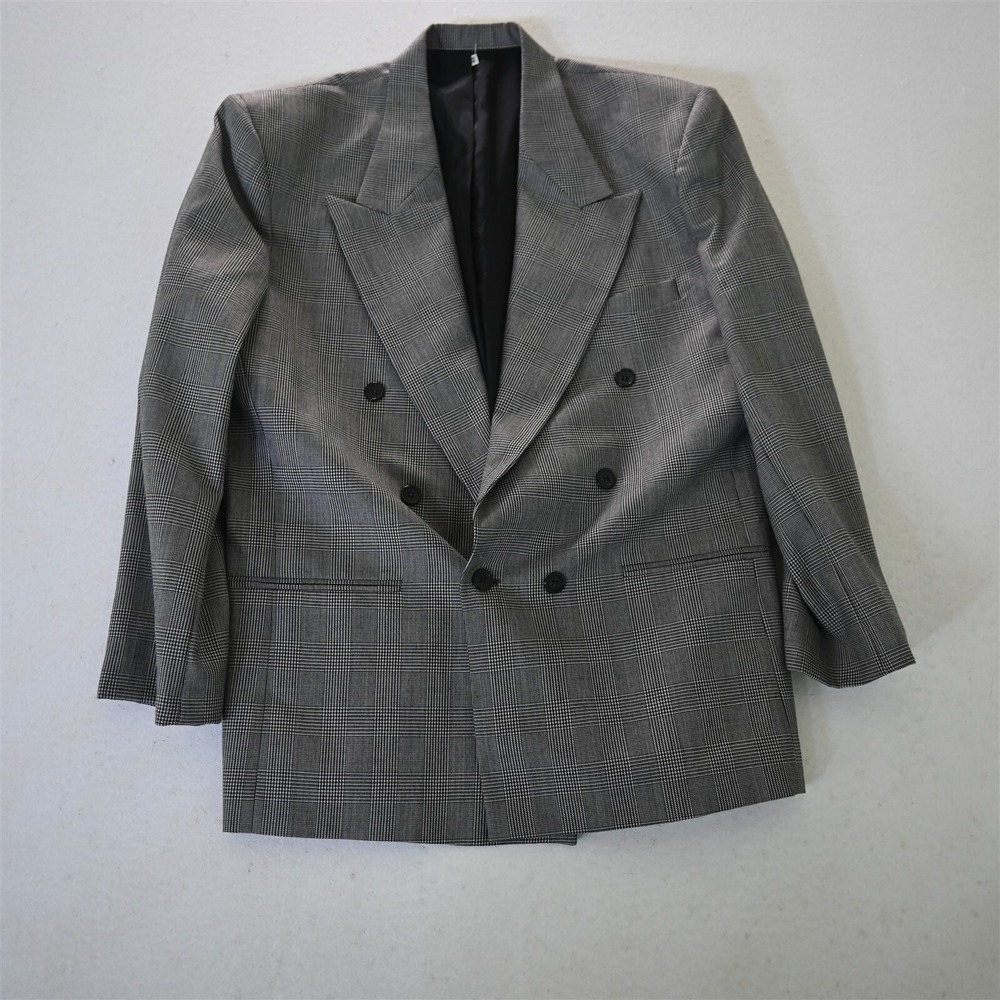 Vtg USA Made 44R Gray Glenn‎ Check Wool Double Breasted Blazer Jacket Sport Coat